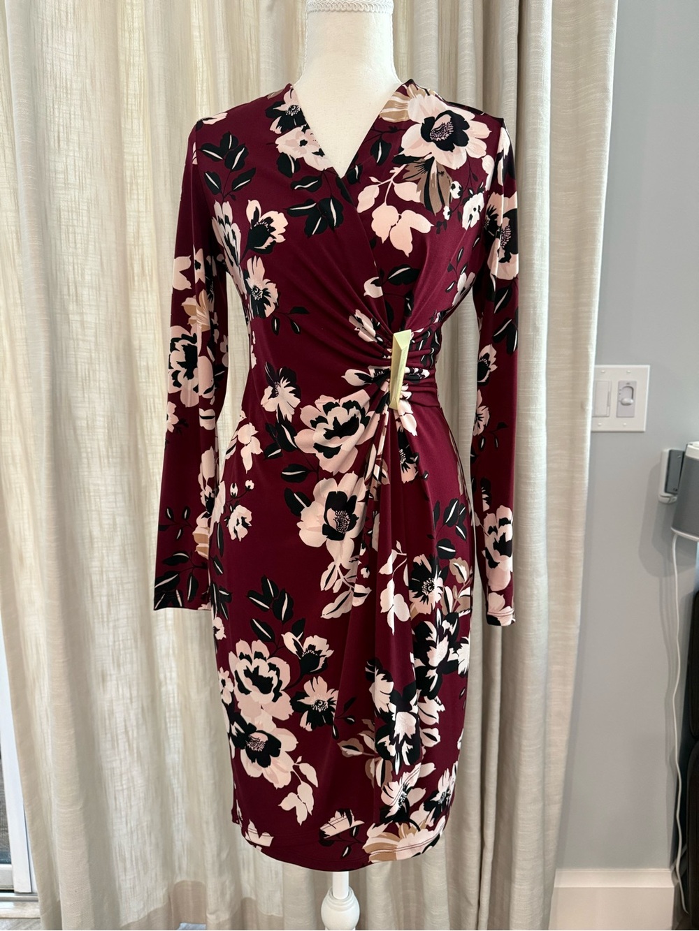 Calvin Klein Burgundy Floral Wrap-Accent Long Sleeve Dress